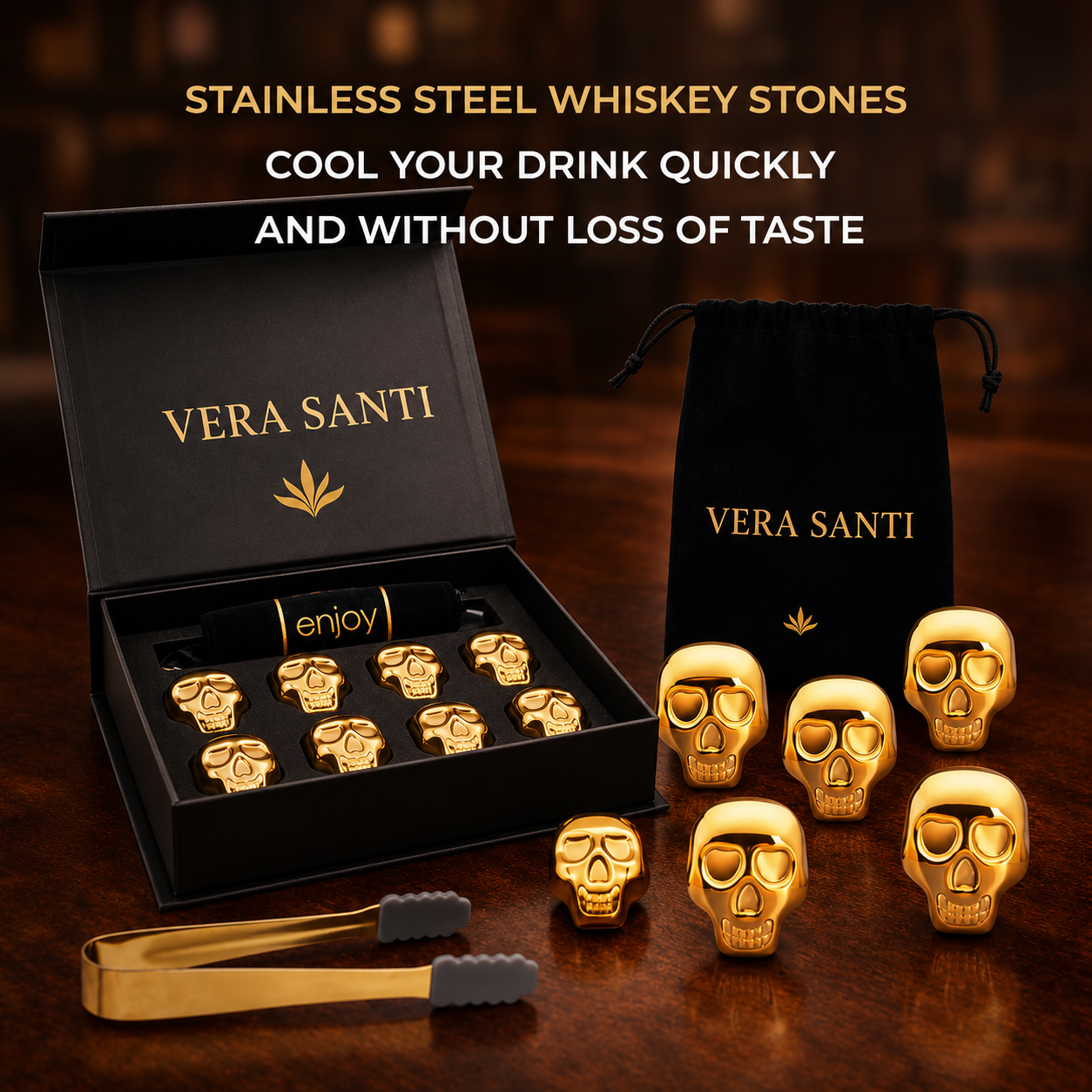 Premium Golden Skull Whiskey Stones (Set of 8)